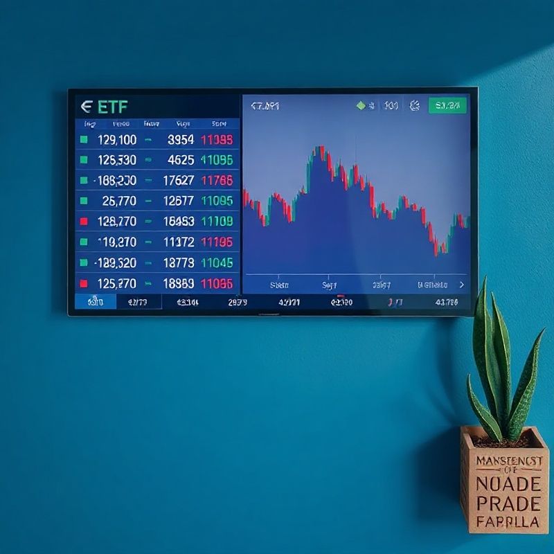Editorijalni flat-lay ekrana burze s ETF oznakama u indigo paleti